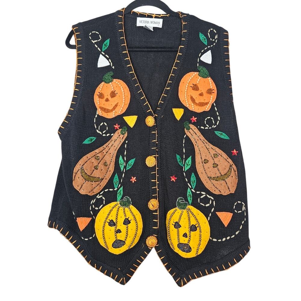 Vintage 90s Victoria Woman 1X Halloween Pumpkin Sweater Vest Kitsch Grandma